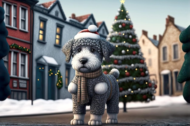 Szary pies maskotka ładny charakter choinki spaceru w mieście