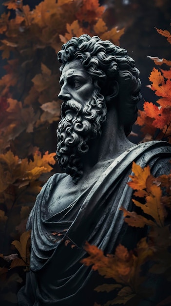 Szary posąg greckiego boga z brodą w ogrodzie
