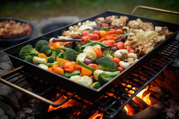 Szaszłyk i warzywa pieczone na grillu przy ognisku własnoręcznie wykonanym