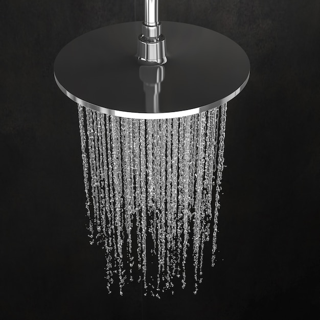 Zdjęcie szczegół głowicy prysznicowej z nowoczesnymi ciemnymi kafelkami.