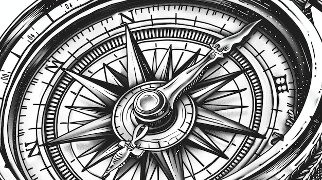 Szczegółowa czarno-biała ilustracja kompasu Kompas jest otoczony kręgiem z kompasem wskazującym na północ