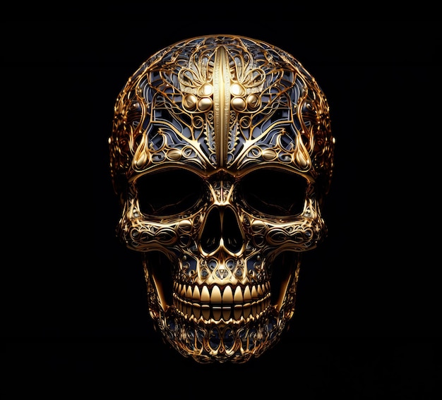 Szczegółowa czaszka z złotym wzorem na ciemnym tle