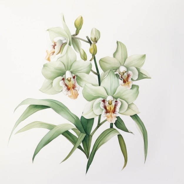 Szczegółowa ilustracja akwarelowa zielonej orchidei
