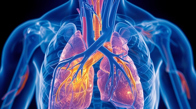 Szczegółowa ilustracja anatomii układu oddechowego człowieka z płucami