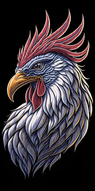 Szczegółowa ilustracja głowy rooster vintage z błyszczącymi piórami hybrydowymi Griffin Sztuka cyfrowa