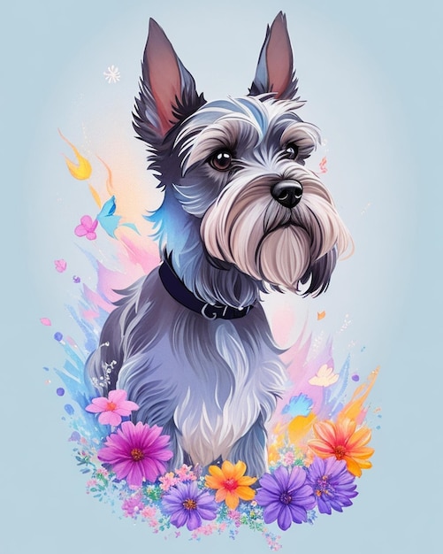 Szczegółowa ilustracja kreskówka twarz sznaucera psa z kwiatami w stylu realistycznym