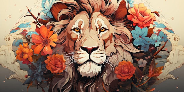 Szczegółowa ilustracja odcisk vintage lwia głowa kwiaty splash koszulka projekt