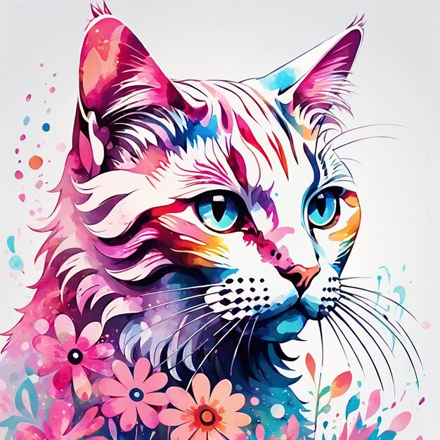Szczegółowa ilustracja odcisku kolorowego kota posąg kota z kwiatami wygenerowany przez Ai