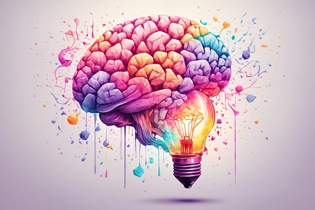 Zdjęcie szczegółowa ilustracja wydruku kolorowego mózgu z żarówką ai generatywną