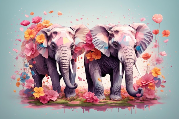 Szczegółowa ilustracja wydruku kolorowego słoniątka z kwiatami jest generatywna