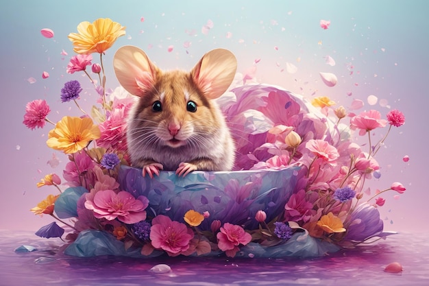 Szczegółowa ilustracja wydruku kolorowej małej myszy z kwiatami jest generatywna