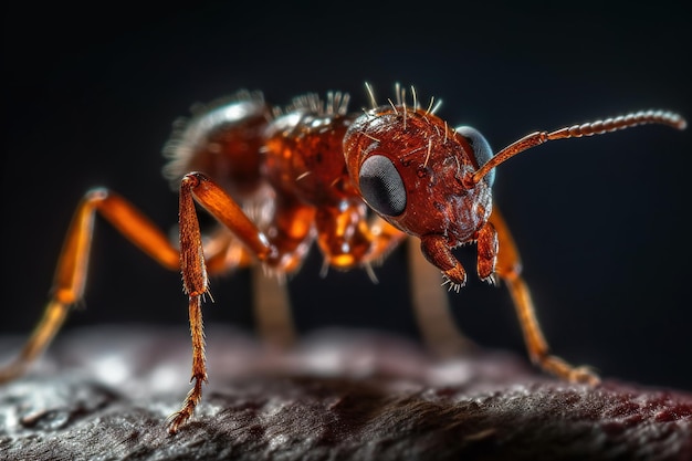 Szczegółowa mikrofotografia czerwonej mrówki nano robota z zoomem