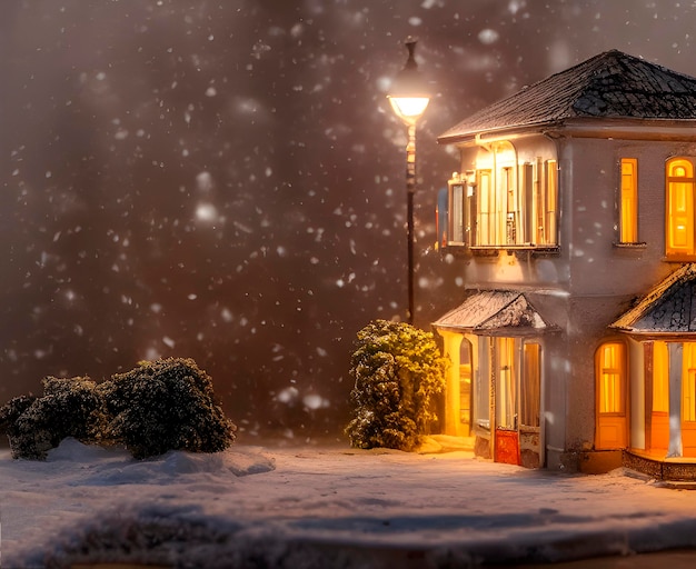 szczegółowa miniaturowa diorama rosyjski budynek mieszkalny na rosyjskich przedmieściach, przytulny śnieżny