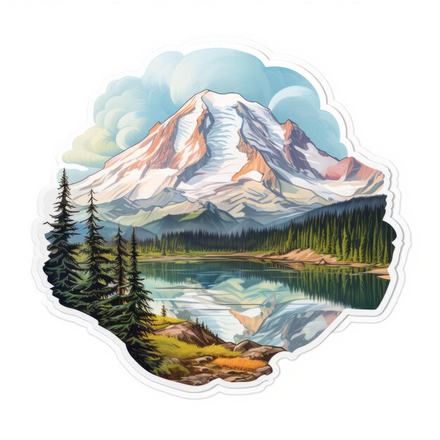 Szczegółowa naklejka Mount Rainier z realistyczną ilustracją krajobrazu