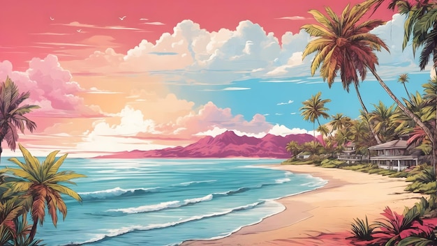 Szczegółowa ręcznie narysowana ilustracja artystyczna żywej tropikalnej plaży