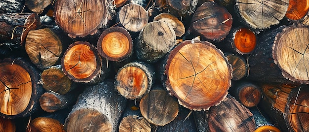 Szczegółowa tekstura stosu świeżo pociętych drewnianych pni przedstawiająca naturalne wzory drewna