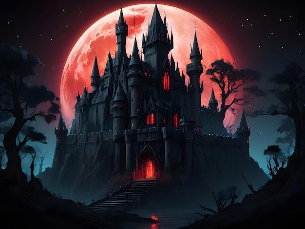 Szczegółowe anime Gothic Castle w Enchanted Night Generative AI