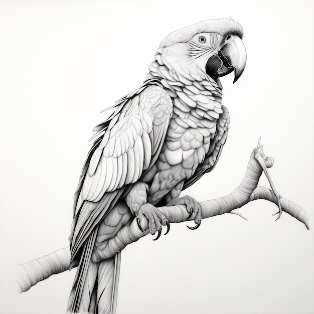 Zdjęcie szczegółowe czarno-białe rysunek papugi z odważnymi liniami