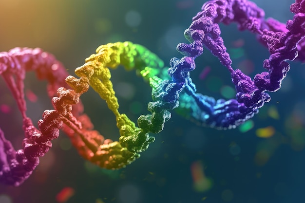 Szczegółowe i żywe zdjęcie przedstawiające z bliska wiązkę koralików o wielu kolorach DNA podwójna helisa w żywych kolorach AI generowane