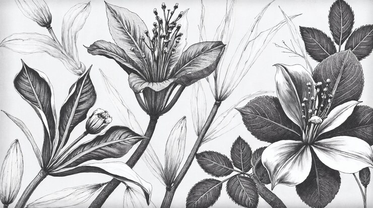Zdjęcie szczegółowe ilustracje botaniczne różnych kwiatów i liści