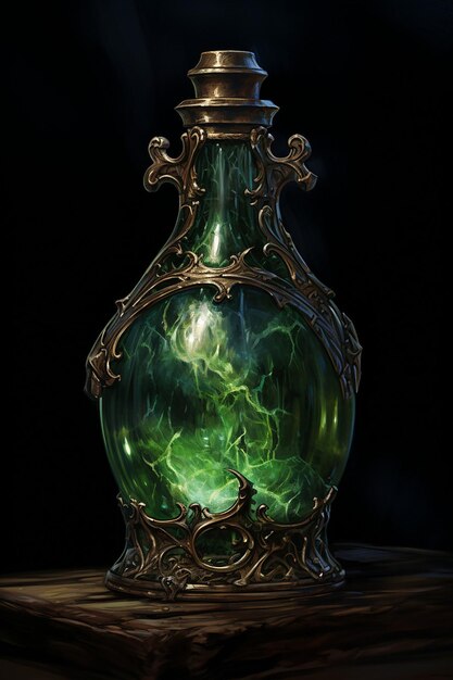 Szczegółowe malowidło olejne małej szklanej butelki elfów zawierającej eliksir ożywienia