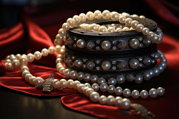 Szczegółowe przedstawienie kolekcji perli ułożonych na żywej czerwonej tkaninie Doskonałe dla katalogów biżuterii lub czasopism mody