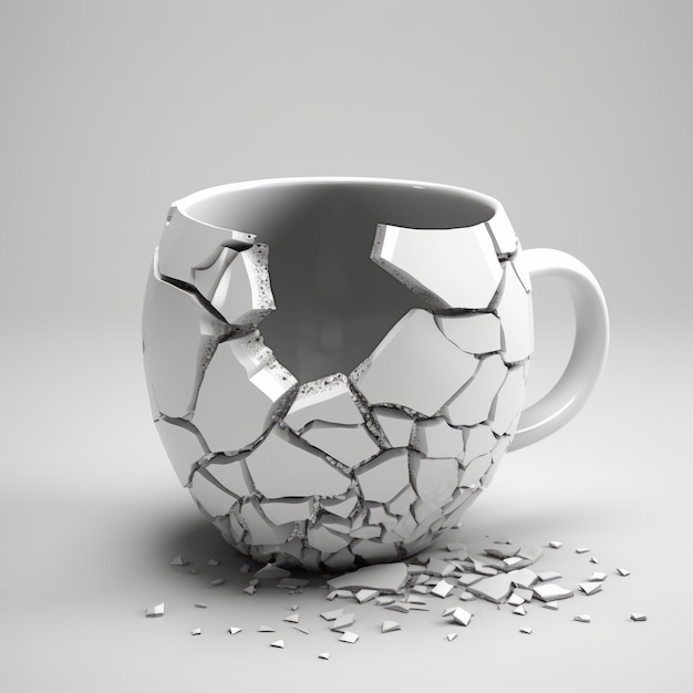 Szczegółowe renderowanie 3D rozbitej filiżanki herbaty na szarym tle