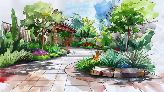 Szczegółowe rysunki ogrodu z obfitymi roślinami
