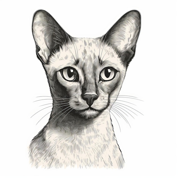 Szczegółowe rysunki z atramentem kota syjamskiego na białym tle