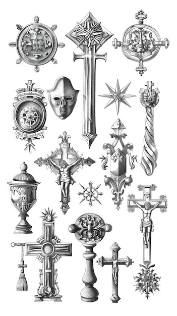 Szczegółowe szkice starożytnych chrześcijańskich symboli na białym tle