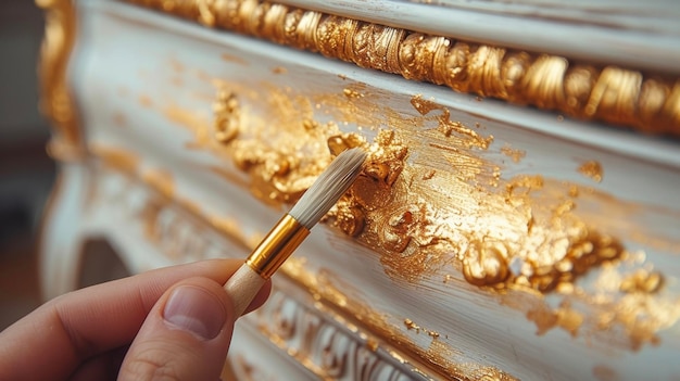 Zdjęcie szczegółowe ujęcie ręki malarza trzymającego mały pędzel ostrożnie dodając akcenty złotych liści do równiny
