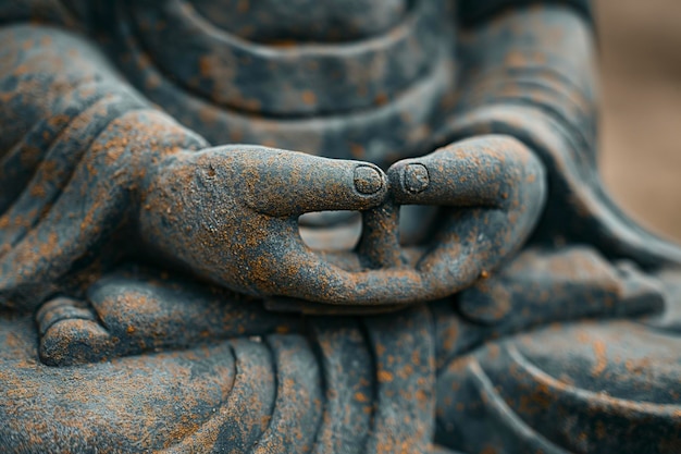 Szczegółowe widoki posągu Buddy z rękami złożonymi z przodu pokazujące skomplikowane szczegóły