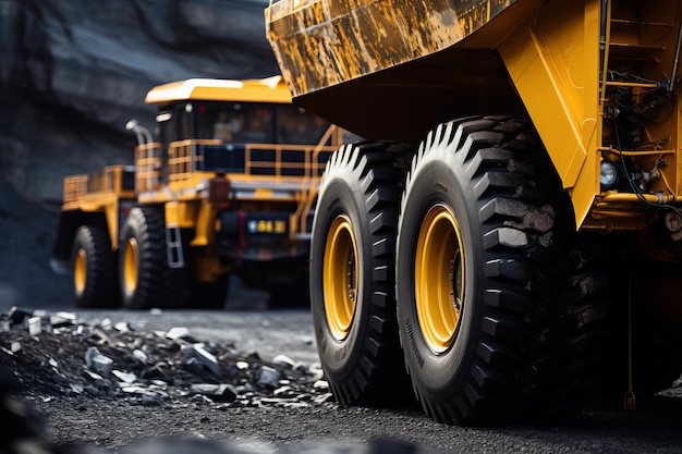 Zdjęcie szczegółowe zbliżenie dużej żółtej ciężarówki na węgiel antracyt na tle wydobycia węgla