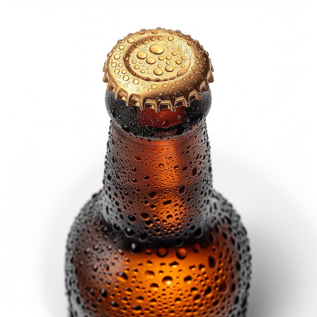 Zdjęcie szczegółowe zbliżenie górnej części szklanej brązowej butelki piwa izolowanej na czystym białym tle