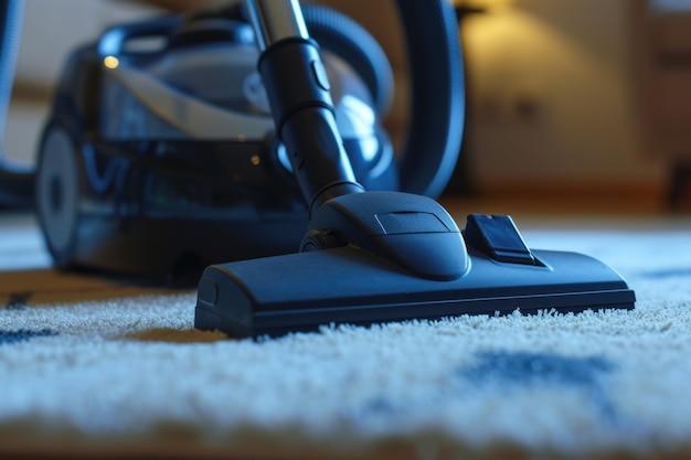 Zdjęcie szczegółowe zbliżenie odkurzacza na dywanie idealne do pokazywania sprzętu czyszczącego i prac domowych