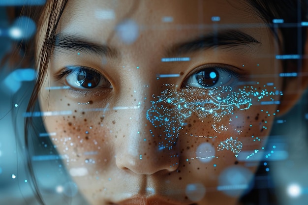 Szczegółowe zbliżenie twarzy młodej kobiety z cyfrowymi projekcjami rozszerzonej rzeczywistości pokrywającymi jej skórę zbliżenie oczu kobiety