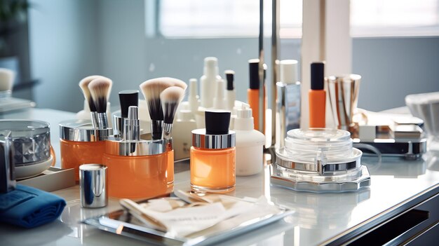 Szczegółowe zdjęcia produktów do pielęgnacji skóry i kosmetyków w pokoju kosmetyków