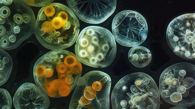 Szczegółowe zdjęcie makro ujawnia różne etapy rozwoju mikroskopijnego embrionu
