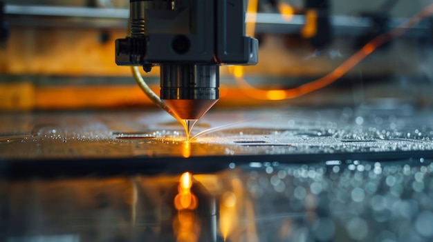 Szczegółowe zdjęcie metalowej d dyszki drukarki osadza cienką linię stopionego plastiku na drukowaniu