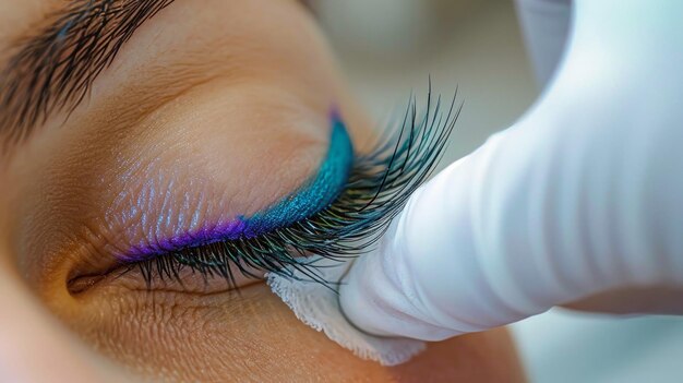 Szczegółowe zdjęcie oka kobiety z uderzającym niebiesko-zielonym makijażem pokazującym rozszerzenia rzęs w salonie piękności