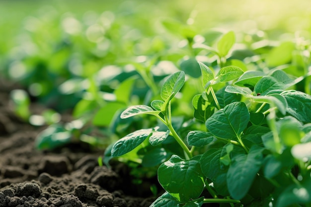 Szczegółowe zdjęcie przedstawiające wzrost zielonej rośliny w bogatej w składniki odżywcze glebie Wyobrażanie sobie przyszłości rolnictwa za pomocą biotechnologii
