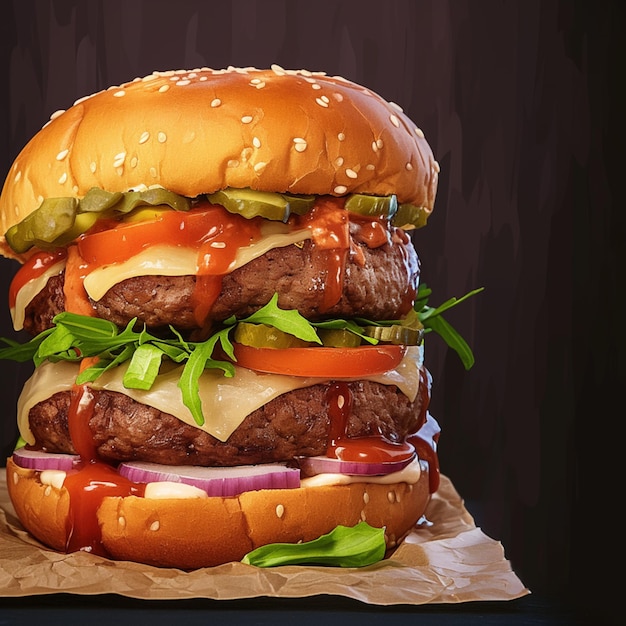 Szczegółowe zdjęcie pysznego ręcznie robionego hamburgera na ciemnym tle dla mediów społecznościowych