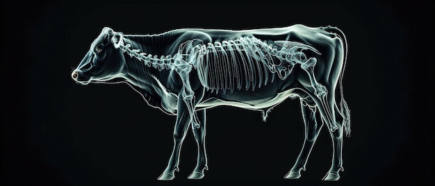 Szczegółowe zdjęcie rentgenowskie pokazujące wewnętrzną anatomię krowy, w tym kości i układ trawienny