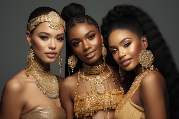Szczegółowe zdjęcie uśmiechniętych trzech supermodelów w złotych ubraniach