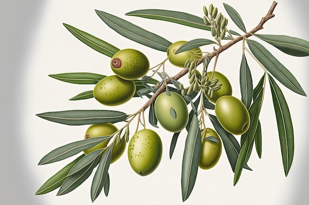 Zdjęcie szczegółowo ilustracja zielonych oliwek na gałęzi