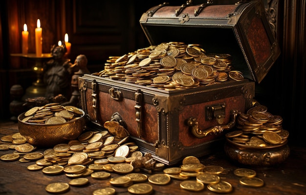 Szczegółowy drewniany skarbiec wypełniony błyszczącymi złotymi monetami xA