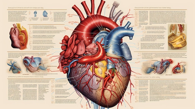 Zdjęcie szczegółowy i pouczający obraz ludzkiego serca, który podkreśla różne struktury anatomiczne i kluczowe cechy narządu sztuka książki anatomii generative ai