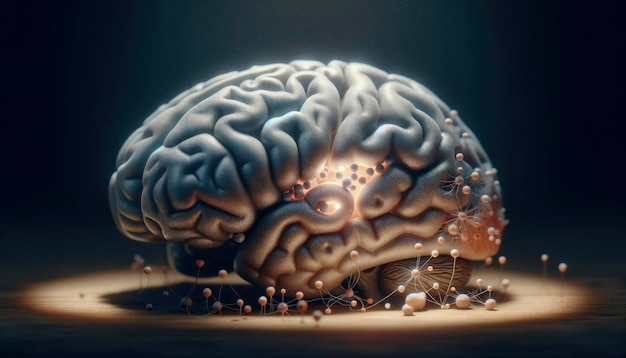 Szczegółowy model ludzkiego mózgu podkreślający obszary dotknięte depresją z osłabionymi połączeniami nerwowymi, reprezentujący wpływ depresji na aktywność neuronową AI Generative