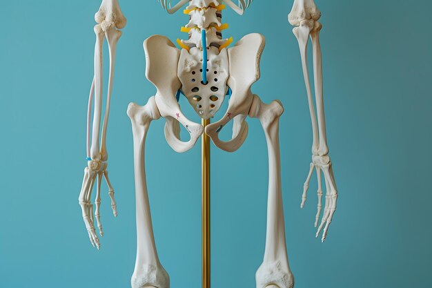 Szczegółowy model ludzkiego szkieletu na niebieskim tle dla anatomii