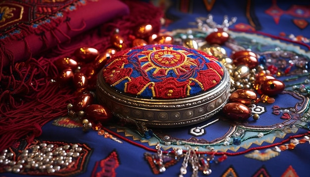 Zdjęcie szczegółowy obraz tradycyjnych perłowych i haftowanych poduszek lub gobelinów